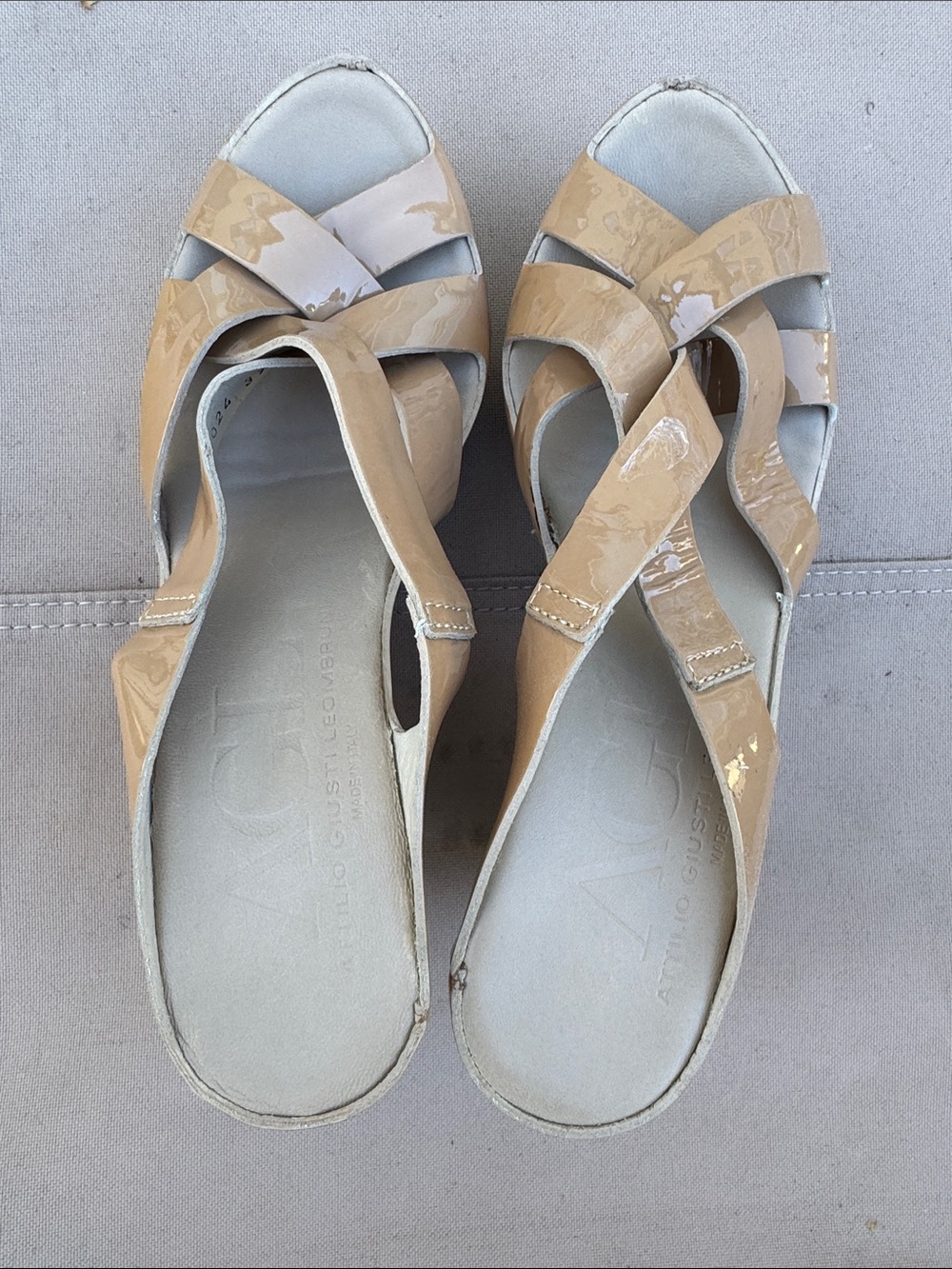 Attilio Giusti Leombruni Nude Patent Crisscross Slide Sandals